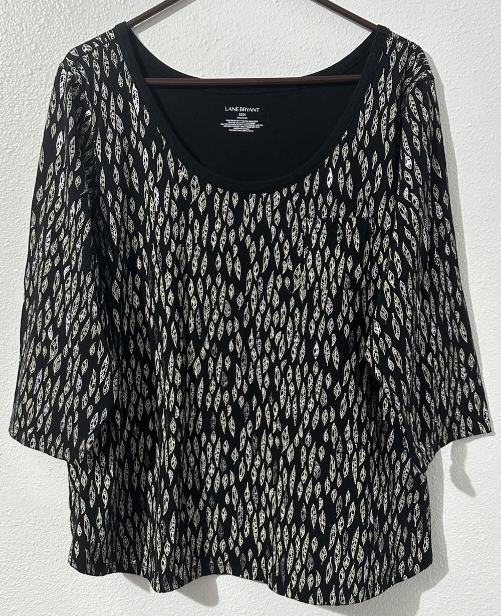 Lane Bryant Black Top Size 22/24 Silver Feathers 3/4 Sleeve Shirt Cotton Stretch